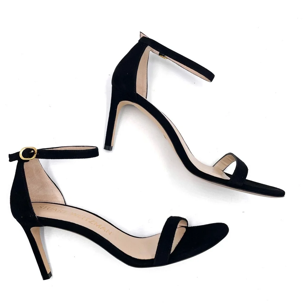 Stuart Weitzman NunakedStraight Black Suede Sandals‎ Ankle Strap High Heel Sz 9